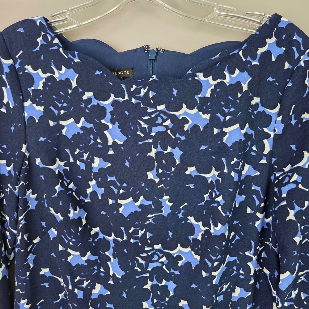 Talbots Blue Floral Scalloped Neck Sheath Dress 3/4 Sleeve Navy White Size 2 - Picture 8 of 16